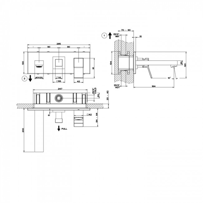 Gessi Rettangolo K Смеситель для раковины, встраиваемый, однорычажный, с изливом и переключателем PULL, внешняя часть, цвет: Black XL Gessi Rettangolo K Смеситель для раковины, встраиваемый, однорычажный, с изливом и переключателем PULL, внешняя часть, цвет: Black XL