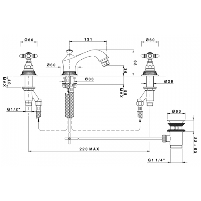 Nicolazzi Impero Смеситель для биде на 3 отверствия  с донным клапаном, излив: 131 мм, цвет: хром