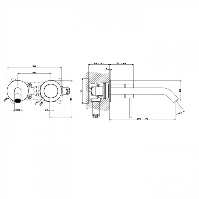 Gessi Flessa Смеситель для раковины с изливом 200 мм, без донного клапана, внешняя часть, цвет: шлифованная сталь