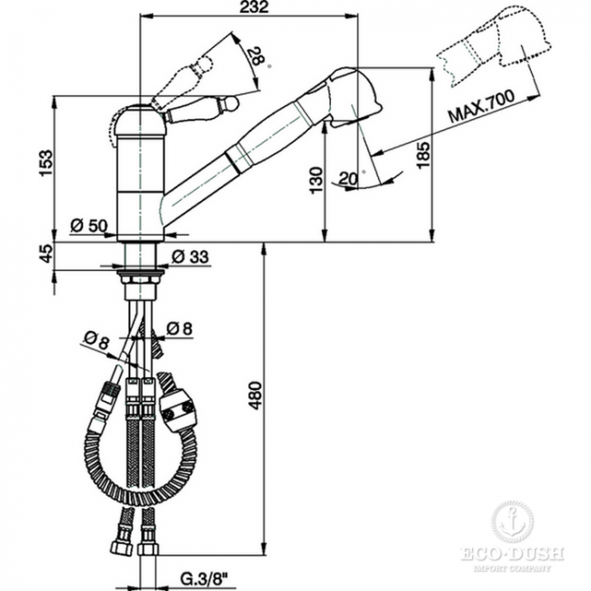 CISAL Кухонные смесители Смеситель однорычажный на 1 отверстие для кухни с вытяжным душем,излив 232 мм, цвет: хром CISAL Кухонные смесители Смеситель однорычажный на 1 отверстие для кухни с вытяжным душем,излив 232 мм, цвет: хром