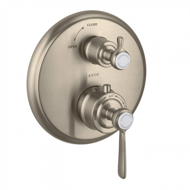Axor Montreux, Термостат с запорным вентилем, СМ, с рычаговой рукояткой, внешняя часть, цвет: никель шлифованный Axor Montreux, Термостат с запорным вентилем, СМ, с рычаговой рукояткой, внешняя часть, цвет: никель шлифованный