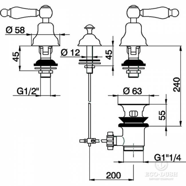 CISAL Arcana Toscana Смеситель для биде на 3 отверстия без излива, с донным клапаном, цвет: хром/белый