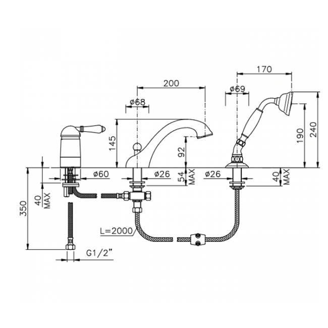 Nicolazzi P.m. Blanc Смеситель на борт ванны на 3 отверстия, с изливом 246мм и ручным душем, ручки белая керамика, цвет: хром