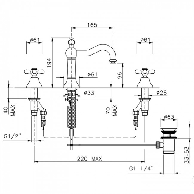 Nicolazzi Nuova Brenta Смеситель для раковины на 3 отверстия, с донным клапаном, излив: 165мм, цвет: Gold Brass