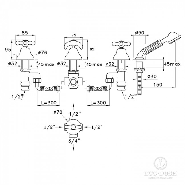 Stella Roma Смеситель на борт ванны на 4 отверстия 3256TR/308 без излива, цвет: хром