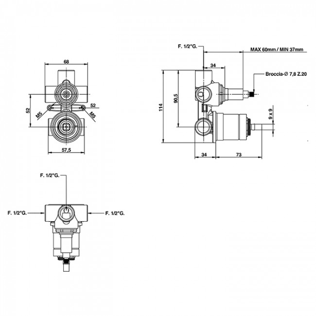 Bongio Внутренняя часть для смесителя для душа скрытого монтажа на 3 выхода