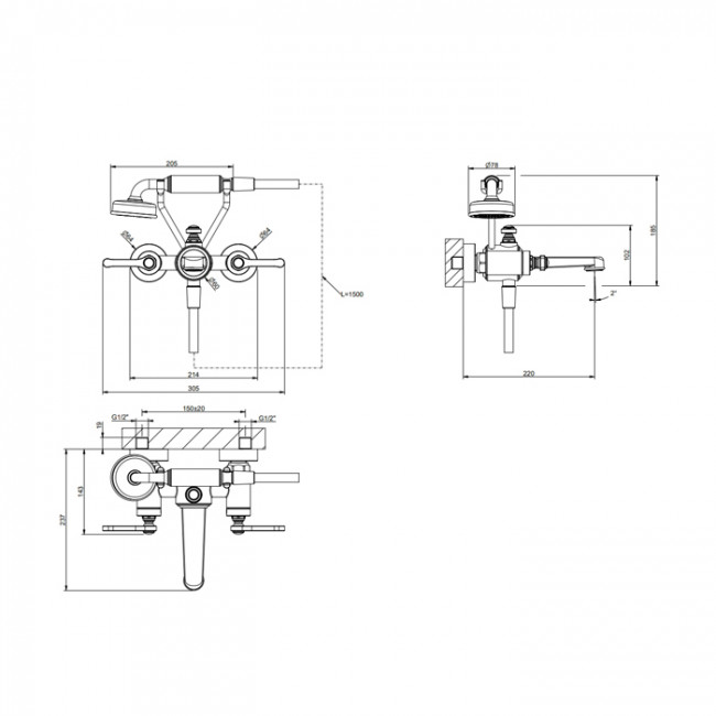 Gessi Venti20 Смеситель для ванны настенный, двухвентильный, с ручным душем и шлангом 1500 мм., цвет: Brass PVD