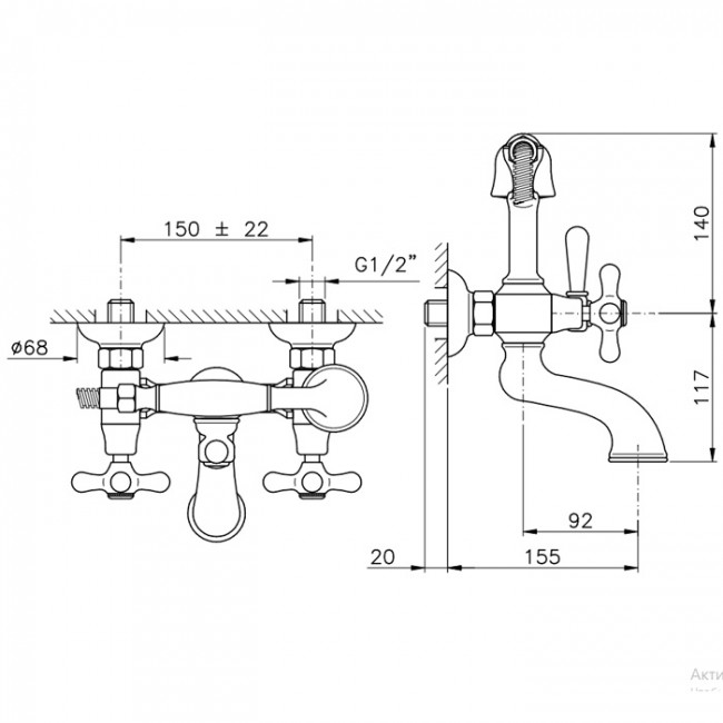 Nicolazzi Nuova Brenta Смеситель для ванны с 2мя ручками, настенный, с душевой лейкой, цвет: Gold Brass