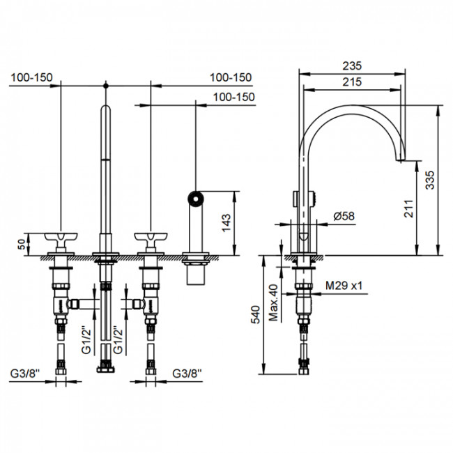 Fantini Icona Classic Смеситель для кухни, 4 отв, без донного клапана, излив 215мм, с ручн душем, цвет: хром Fantini Icona Classic Смеситель для кухни, 4 отв, без донного клапана, излив 215мм, с ручн душем, цвет: хром