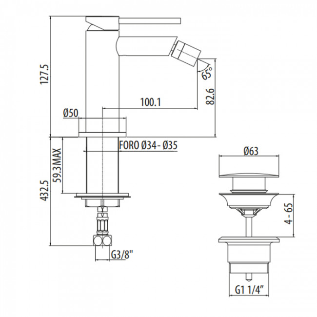 Gattoni Circle One Смеситель для биде на 1 отв., излив 100 мм, с донным клапаном, цвет: хром