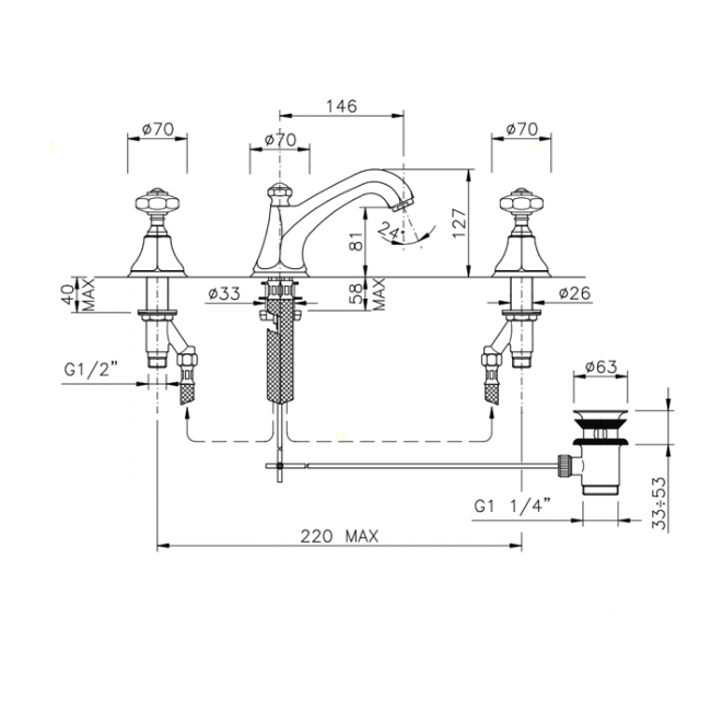 Nicolazzi Teide Смеситель для раковины на 3 отверствия, с донным клапаном, ручки Crystal handle, цвет: хром