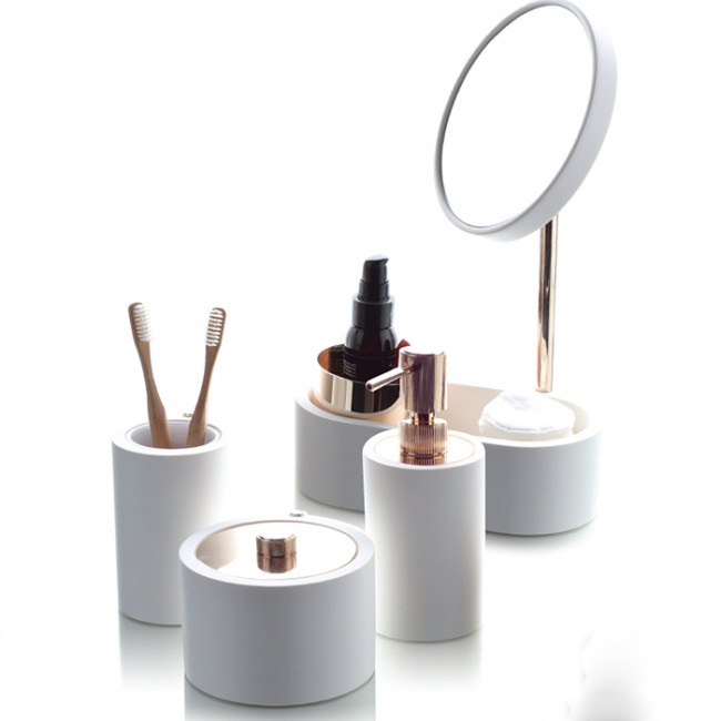 Bertocci Easy Косметическое зеркало с контейнером из композита, настолное, цвет: белый матовый/ розовое золото