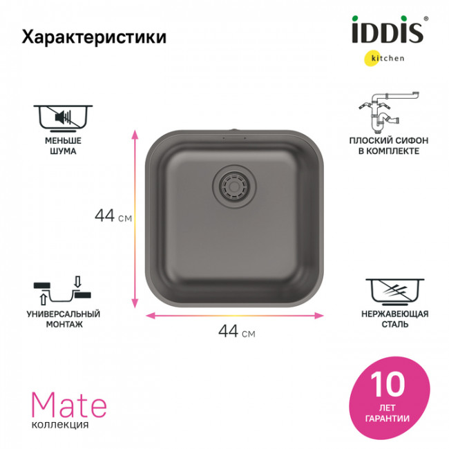 Мойка IDDIS Mate нерж. сталь, графит, 446*446 (MAT44GMi77)