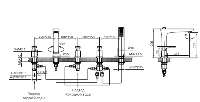 AltroBagno Смеситель для ванны на 5 отверстий Aperto 020102 Cr AltroBagno Смеситель для ванны на 5 отверстий Aperto 020102 Cr
