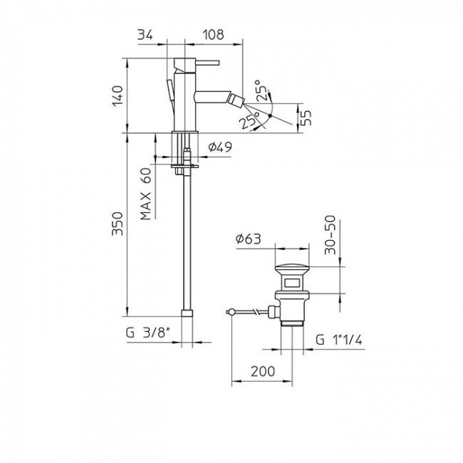 Bossini Z005401.094 Oki Смеситель для биде на 1 отв., с заглушкой 1”1/4, цвет: никель шлифованный