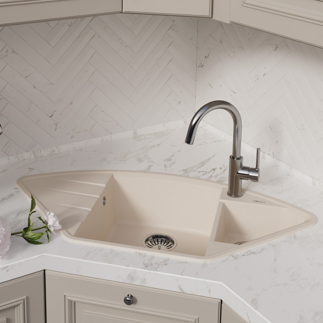 Кухонная мойка Lemark IRKANA 980 врезная угловая с доп. чашей и крылом из кварцгранита цвет: Бежевый (9910044)