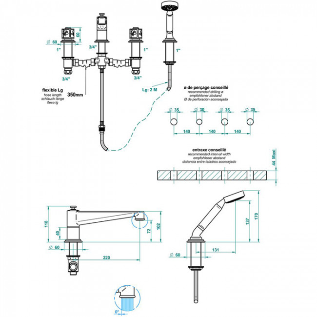 THG CAPUCINE VERT DECOR PLATINE Смеситель на борт ванны, на 4 отверстия, с ручным душем, декор платина/зеленый, цвет: хром