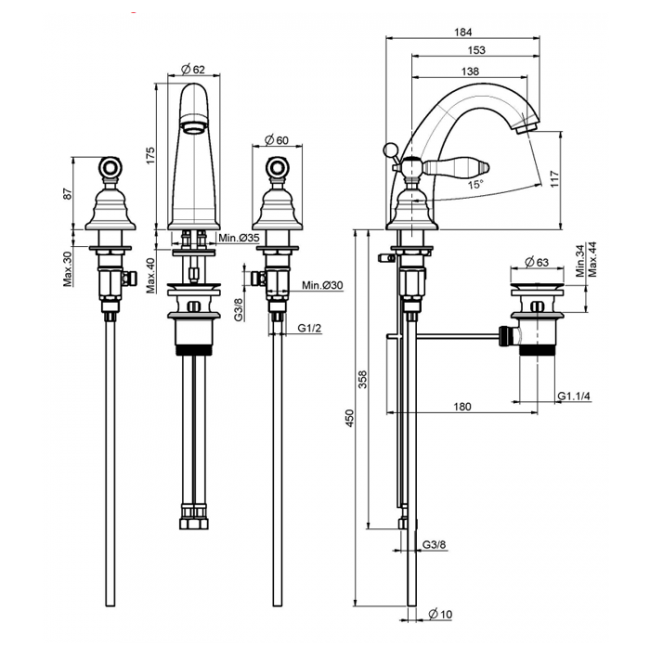 Carlo Frattini Herend Смеситель на раковину на три отверстия, цвет: бронза