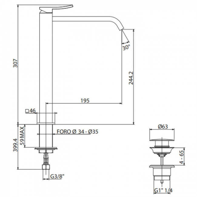 Gattoni ELY Смеситель для раковины высокий H307мм, излив 195 мм, цвет: хром