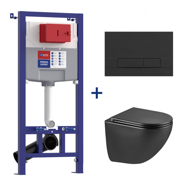 Комплект 3в1: Инсталляция Lemark PENEDA EXPERT с кнопкой смыва BIT чёрный матовый + унитаз подвесной Торнадо (100122237) Комплект 3в1: Инсталляция Lemark PENEDA EXPERT с кнопкой смыва BIT чёрный матовый + унитаз подвесной Торнадо (100122237)