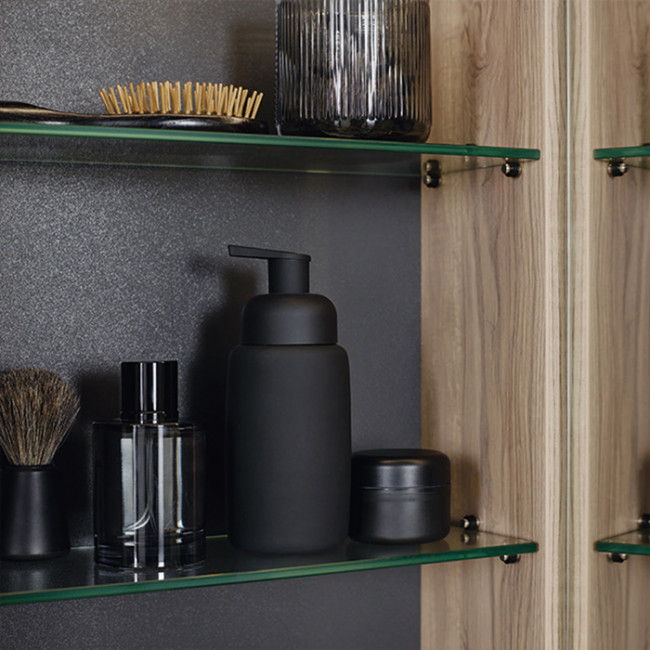 BURGBAD Eqio Зеркальный шкаф с LED подсветкой 5Вт IP24, 90х80х17см,2 зерк двери с обоих сторон, стекл полки, вкл/выкл, цвет: серый