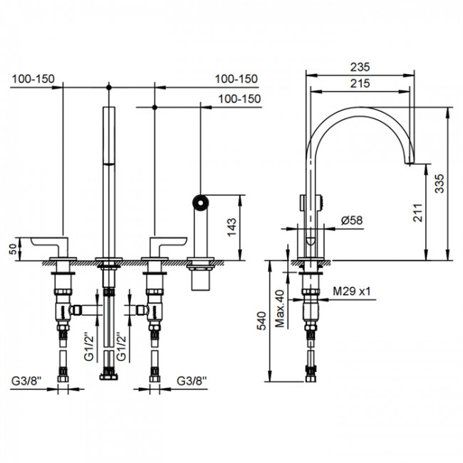 Fantini Icona Deco Смеситель для кухни, 4 отв, без донного клапана, излив 215мм, с ручн душем, цвет: хром Fantini Icona Deco Смеситель для кухни, 4 отв, без донного клапана, излив 215мм, с ручн душем, цвет: хром