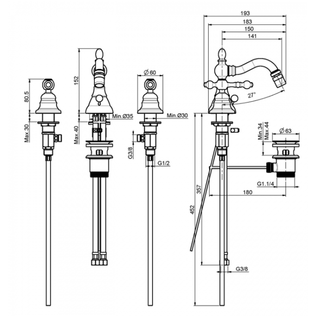 Carlo Frattini Epoque Смеситель для биде на 3 отверстия, цвет: бронза