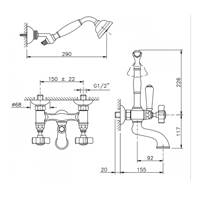 Nicolazzi Dames Anglaises Смеситель настенный для ванны с 2мя ручками, с переключателем ванна/душ, + комплект руч. душа, цвет: хром