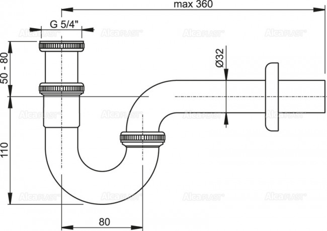 Alcaplast A432 Сифон для умывальника DN32, U-форма с накидной гайкой 5/4", металл