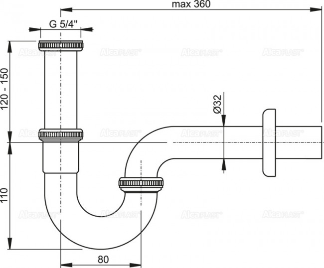 Alcaplast A4320 Сифон для умывальника DN32, U-форма с накидной гайкой 5/4", металл Alcaplast A4320 Сифон для умывальника DN32, U-форма с накидной гайкой 5/4", металл