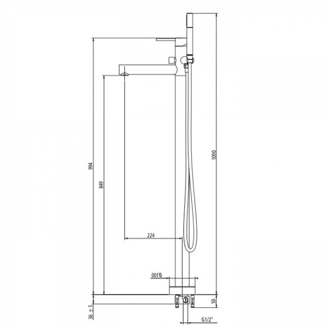 Gattoni Circle One Смеситель для ванны, напольный h1090 мм, с ручной лейкой, излив 224 мм, цвет: хром