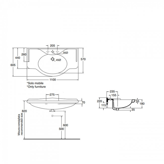 AZZURRA GIUNONE Раковина-консоль 112х62х6 см, 1 отв., цвет: белый