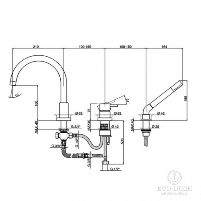 Cisal Less New Смеситель на борт ванны, на 3 отв. с ручной лейкой, цвет: хром