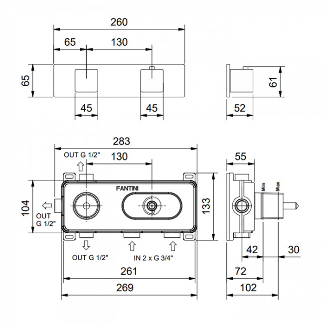 Fantini Mint Смеситель для душа, встраиваемый, термостатический, с переключателем на 3 положения, внешняя часть, цвет: матовая натуральная сталь