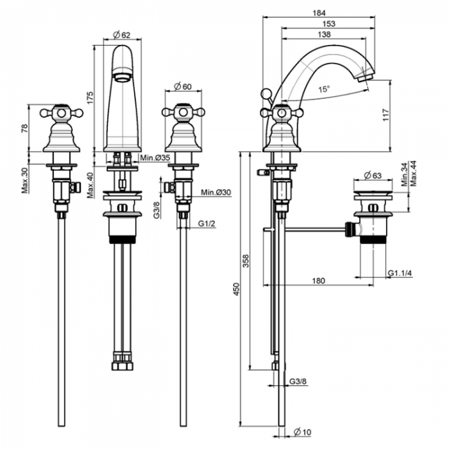 Carlo Frattini Elizabeth Смеситель на раковину на 3 отверстия, цвет: бронза