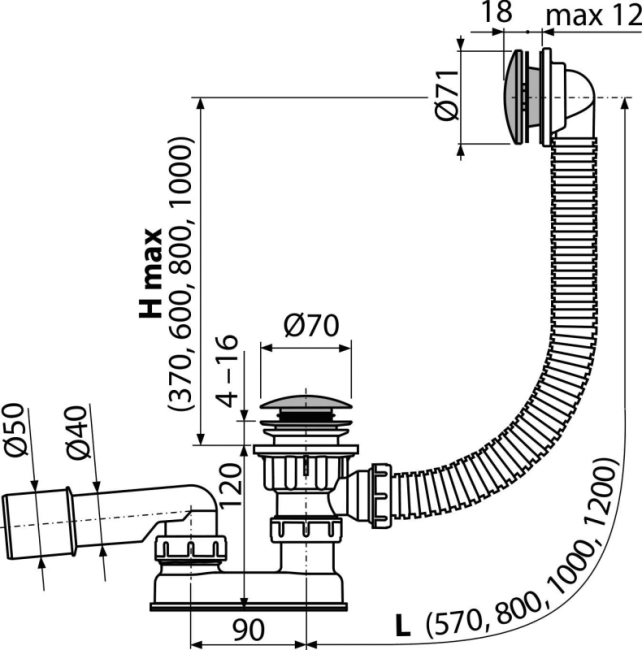 Alcaplast A504CKM Сифон для ванны CLICK/CLACK, металл A504CKM-100