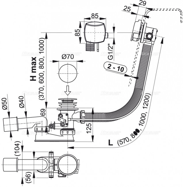 Alcaplast A566-273133 Сифон для гидромассажных ванн с напуском через перелив, металл A566-273133-120